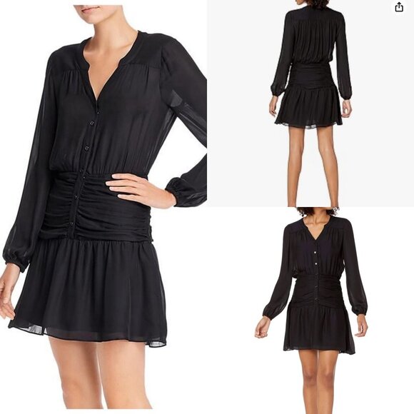 Parker Women's Zee Long Sleeve Ruched Waist Dress Mini Dress Silk Blend | Size 4 - Picture 1 of 11
